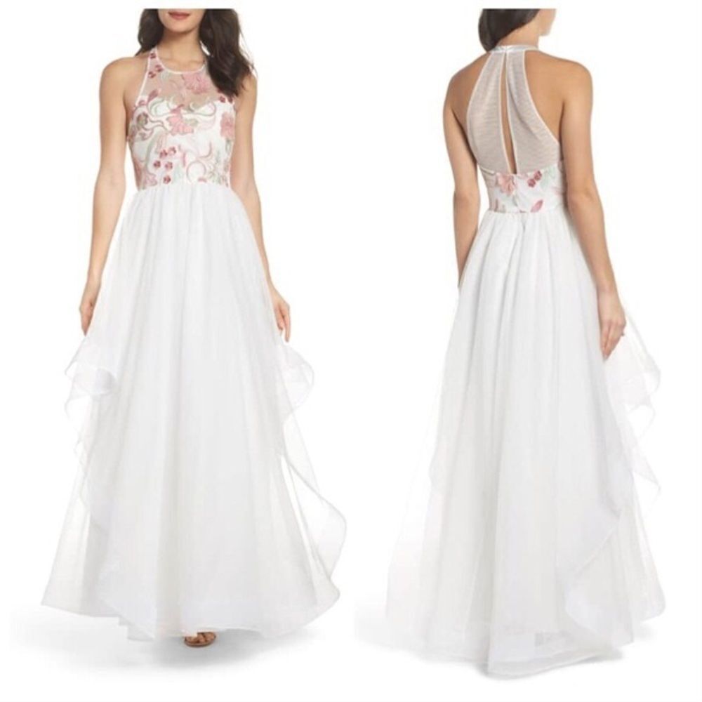 Sequin Hearts White Halter floral Gown Sz 5